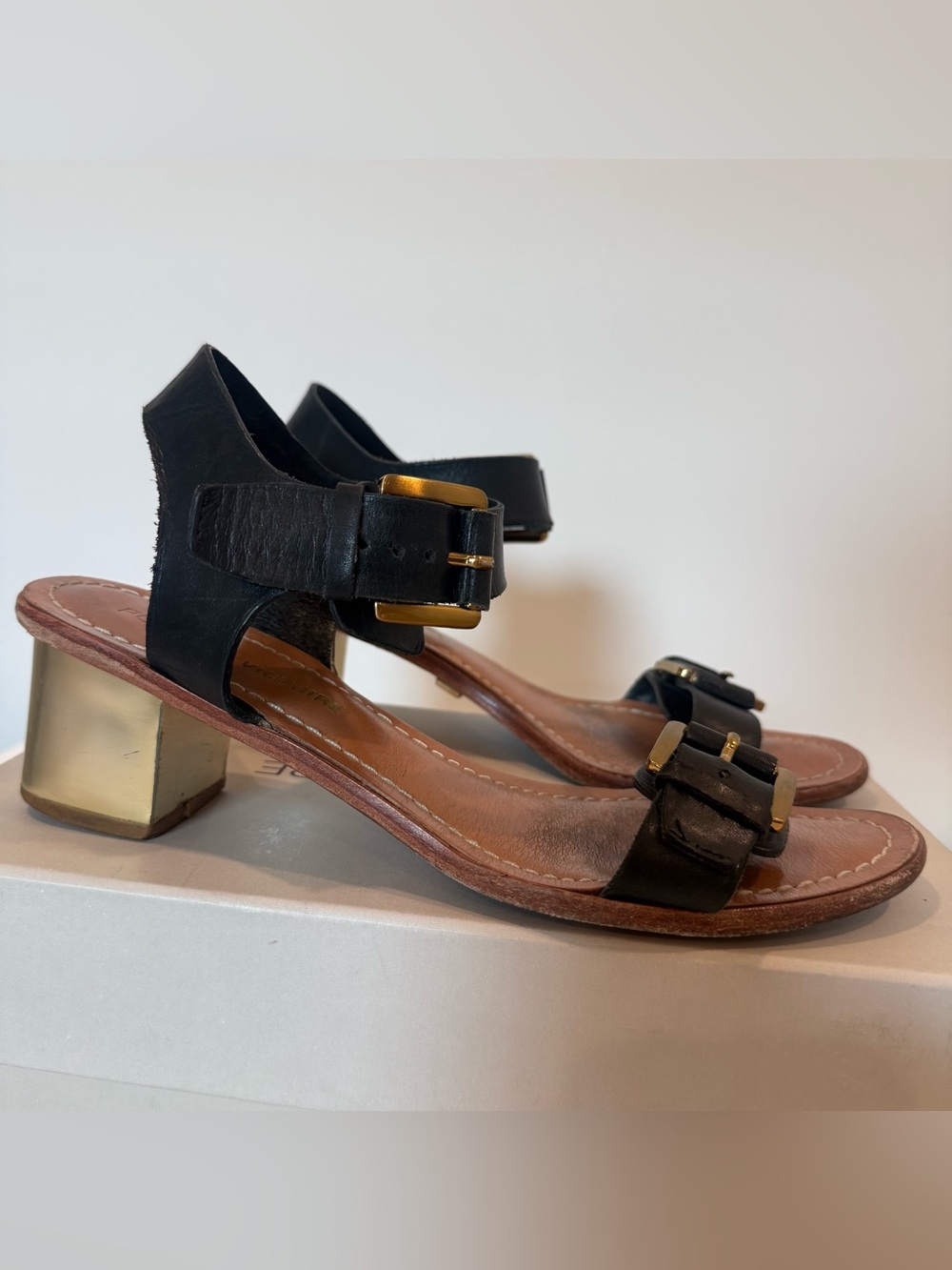 Pour la Victoire Black Leather Sandals with Gold Buckles 8.5